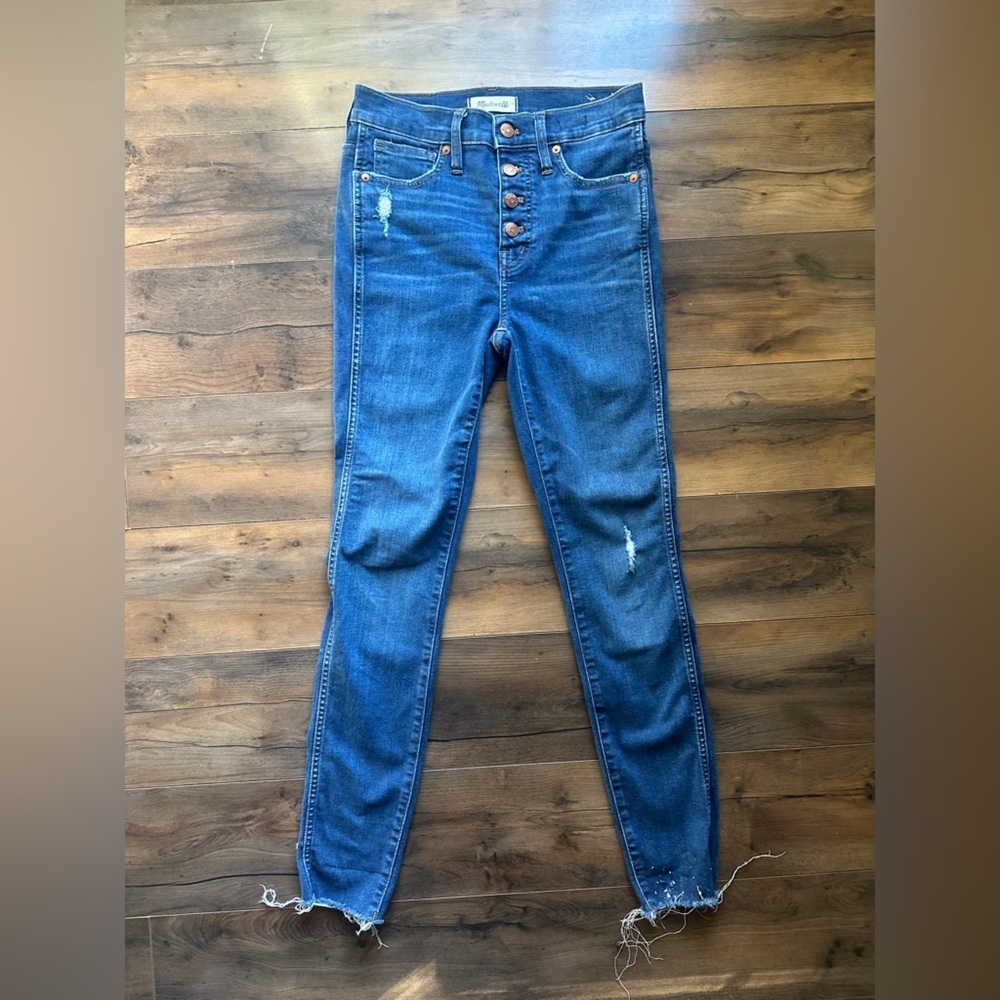 👖 Madewell 10” High-Rise Skinny Jeans | Distressed Button Fly | Raw Hem | 25